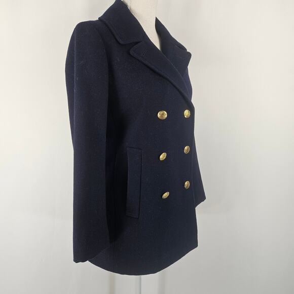 J. Crew Navy Wool Blend Double Breasted Collared Peacoat Gold Shield Buttons 0 - Picture 2 of 13